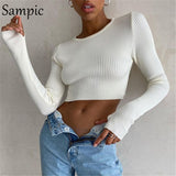 Joskaa Christmas Gift Sampic O Neck White Knitted Ribber Slim Basic T Shirt Tops Women Mini Long Sleeve Y2K Skinny Casual Black Female Crop Tops 2024