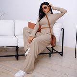 Joskaa Casual Ribbed 2 Piece Set Women Matching Sets Turtleneck Long Sleeve Crop Top Wide Leg Pant Outfits Solid Fitness Suit