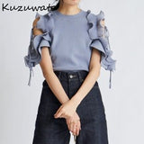 Joskaa Christmas Gift Kuzuwata Elegant Ruffles Patch Sexy Shoulder Strapless Blouse Women O Neck Flare Short Sleeve Work Style Ol Solid Shirt Simple