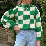 Joskaa Christmas Gift Sampic Green Women Knitted Long Sleeve Winter Pullovers Jumpers Sweater Tops 2024 Autumn Fashion Plaid Cropped Sweater Tops