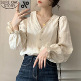 Joskaa New Sweet Women Tops Spring Autumn Korean Fashion Hollow Out Crochet Blouse Casual Long Sleeve lace Shirt Blusa Mujer 17076