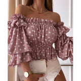 Joskaa Women Off Shoulder Ruffled Trim shirring Shirt Female Top Summer Casual Long Sleeve Colorful Tighten Waist Blouse Tops