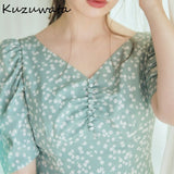 Joskaa Christmas Gift Kuzuwata V Neck Pullover Short Sleeve Dress Women Vintage Print Bohemian Holiday Vestidos Summer 2024 New Robe Slim Ruffles