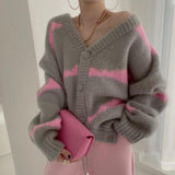 Joskaa Striped Sweater Woman Cardigan Tops Fall 2024 Korean New Knitted Jackets Single Breasted V Neck Long Sleeve Loose Coats