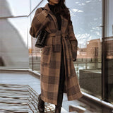 Joskaa Retro Plaid Belted Office Long Overcoat Casual Long Sleeve Women Wool Coat Elegant Ladies Turn-down Collar Lattice Tops Outwear