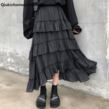 Joskaa Christmas Gift Qiukichonson Midi Long Skirts Womens Maxi Skirt Goth Lolita Summer High Waisted Asymmetrical High Low Ruched Ruffle Skirts rok