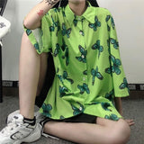 Joskaa Christmas Gift QWEEK Harajuku Blouse Women Oversized Streetwear Butterflies Print Shirt Hip Hop Korean 2024 Green Tops Aesthetic Design 5XL Y2K