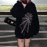 Joskaa Christmas Gift Zip-up Y2K Rhinestone Skeleton Oversized Sweatshirts 2024 Autumn Goth Hoodies Women Grunge Hooded Jacket Streetwear Retro Clothe