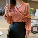 Joskaa Christmas Gift Spring Autumn Elegant Satin Blouse Women Off-Shoulder Long Sleeve V-Neck Slim Chiffon Blouse Solid OL Tops Chemisier Femme 11202