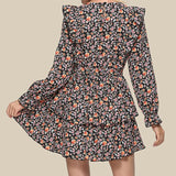 Joskaa hoco dresses Autumn Flower Print Short Dress Women Winter Casual Long Ruffle Sleeve A Line Dress Female Boho 2024 Elegant Mini Party Vestidos