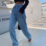 Joskaa Irregular High Waisted Mom Jeans for Women Straight High Street Full Length Denim Pants Clothes 2021 Fashion Spliced