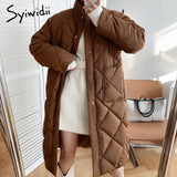 Joskaa Winter Jacket Women Argyle Plaid Long Coat with Belt Stand Collar Button Up Oversize Loose Parkas Ladies Outerwear