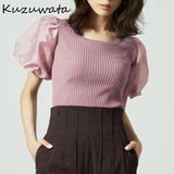 Joskaa Christmas Gift Kuzuwata 2024 New Autumn Fashion Women Jumpers O Neck Lantern Short Sleeve Solid Knitted Pullovers Temperament Sweet Sweaters