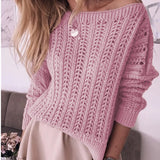 Joskaa Winter Hollow Pink Knitted Sweaters Women Loose Long Sleeves Round Neck Casual Female Sweater Office Lady Tops Jumpers