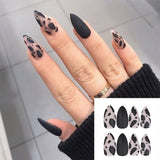 Joskaa 24pcs Leopard Theme Full Cover False Nail Tips 2024 New Style Black Brown Transparent Stiletto French Pearl Fake Nails With Glue