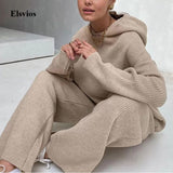 Joskaa Elegant Women Two Piece Sets Pajamas Casual Hooded Rib Knit Tops And Wide Leg Pants Suit Spring Ladies Loose Homewear Sportswear