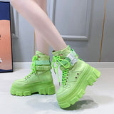 Joskaa Green Punk Chunky Platform Motorcycle Boots Women Autumn Winter Gothic Shoes Woman Thick Bottom Lace Up Ankle Botas Mujer