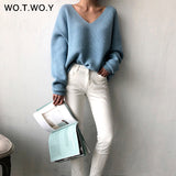 Joskaa Christmas Gift WOTWOY Autumn Winter Basic Knitted Blue White Sweater Women 2024 Fashion Casual V-neck Female Pullovers Korean lady Jumpers