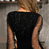 Joskaa Women Glitter Semi Sheer Mesh Bodycon Dress V-neck Long Sleeve Solid Black Elegant Spring Fall Party Mini Dress
