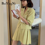 Joskaa Christmas Gift Beiyingni Women Suits Mini Skirts And Cropped Tops Solid Color Korean Office Ladies Two Piece Outfits Pleated Short Skirts Sets