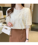 Joskaa Christmas Gift Casual Tops Sweet Short Sleeve Blouses 2024 New Summer Chiffon Lace Blouse Women Shirt Fashion Clothes O-neck Blusas Mujer 15272