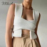 Joskaa 2024 Sleeveless Knitted Crop Sweater Sexy Autumn Summer Fashion Vest Black Casual White Jumper Top Female Pullover