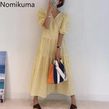 Joskaa Christmas Gift Nomikuma Korean Fashion Plaid Dress Women V Neck Short Sleeve A Line maxi Dresses Robe Casual Sweet New Chic Vestidos Mujer