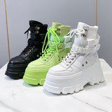 Joskaa Green Punk Chunky Platform Motorcycle Boots Women Autumn Winter Gothic Shoes Woman Thick Bottom Lace Up Ankle Botas Mujer