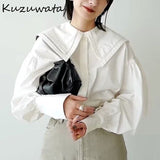 Joskaa Christmas Gift Kuzuwata 2024 Autumn New Women Shirts Japanese Temperament Blouses Sailor Collar Lantern Sleeve Single Breasted Solid Blusas