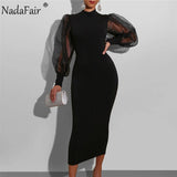 Joskaa Christmas Gift Nadafair Mesh Puff Sleeve Sexy Bodycon Dress Women High Neck Club Outfits Back Split Black Party Maxi Dress Women Winter  2024