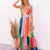 Joskaa Christmas Gift Sexy Deep V Neck Backless Striped Maxi Woman Dress 2024 Summer Party Rainbow Spaghetti Strap Long Dresses For Women Robe Femme