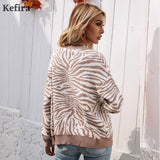 Joskaa Christmas Gift Kefira Autumn Fashion Zebra Striped Cardigan Women Sweater Long Sleeve O Neck Button Black Street Knitted Cardigans Winter 2024