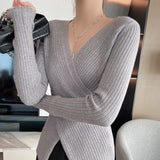 Joskaa Autumn Women's Sweater Sexy Cross V-neck Slim Irregular Solid Short Pullovers Winter Ladies Long Sleeve Bottoming Knitted Jumper