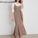 Joskaa Christmas Gift Kuzuwata 2024 Autumn New Vestidos Japanese Commuter Women Robe High Waist Slim Button Sashes Folds Mermaid Suspender Dresses