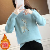 Joskaa Christmas Gift EBAIHUI Christmas Sweater Women Faux Mink Cashmere Half High Collar Pullover Fleece Winter Clothes Embroidery Deer Warm Jumper