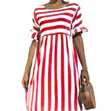 Joskaa Back to school  Women Elegant Ruffle Sleeve Striped Patchwork A Line Dress 2024 Summer Casual High Waist O Neck Loose Pocket Dress Beach Wear