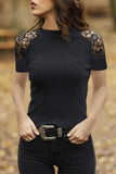 Joskaa Sexy Lace Hollow Out Short Sleeve Women T Shirt O-Neck Solid Black Elegant Slim Top Female Street Casual Pullovers Cotton Tee