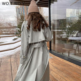 Joskaa Christmas Gift WOTWOY Casual Solid Belted Double Breasted Trench Coat Women Autumn Winter Long Jackets Female Loose Overcoat Windbreakers 2024