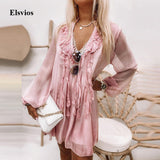 Joskaa hoco dresses Back to College Spring Summer Women Fashion Mesh Party Dresses Elegant Long Sleeve Loose Chiffon Dress Sexy V Neck Ruffle Lady Beach Mini Dress