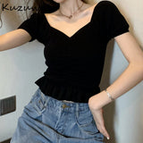 Joskaa Christmas Gift Kuzuwata Sexy Square Collar Clavicle Exposed Short Sleeve Blouse Women Draped Design Ruffles Solid Blusas Summer Shirt Feminino