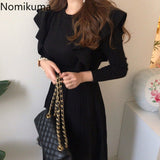 Joskaa Christmas Gift Nomikuma Fashion New Sweater Dress Women Ruffles Slim Waist Long Sleeve A Line Pleated Dresses Winter Clothes Robe Mujer 3c952