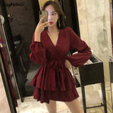 Joskaa hoco dresses Christmas Gift Long Sleeve Dress Women Sashes Pleated V-neck Solid Stylish Sexy Mini-dresses Lady Club Wear High-waist Korean-style Trendy Chic