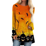 Joskaa Christmas Gift Hallowen Women Pumpkin Bat Printed T-Shirt Round Neck Long Sleeved Loose Fit Autumn Spring Party Casual Tops Female Clothes