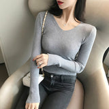 Joskaa Christmas Gift JMPRS Autumn Women Knitted Pullover Sweater Fashion V Neck Long Sleeve Winter Jumper Top Causal Slim Female Basic Top 2024