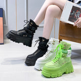 Joskaa Green Punk Chunky Platform Motorcycle Boots Women Autumn Winter Gothic Shoes Woman Thick Bottom Lace Up Ankle Botas Mujer