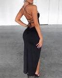 Joskaa Women Sexy Backless High Split Maxi Party Dress Solid Color Spaghetti Strap Bandage Slit Long Dress