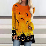 Joskaa Christmas Gift Hallowen Women Pumpkin Bat Printed T-Shirt Round Neck Long Sleeved Loose Fit Autumn Spring Party Casual Tops Female Clothes