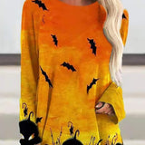 Joskaa Christmas Gift Hallowen Women Pumpkin Bat Printed T-Shirt Round Neck Long Sleeved Loose Fit Autumn Spring Party Casual Tops Female Clothes