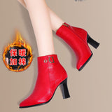 Christmas Gift Joskaa Women Wedding Boots Red 2024 New Genuine Leather Fashion Large Size 43 Women Ankle Boots Women Mid-Heel Pointed Ladies Booties