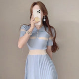 Joskaa Christmas Gift Kuzuwata Hit Color Patchwork Korean Knit Dress Women High Waist Hip Skinny Vestidos Summer 2024 New Pit Pleat Design Robe